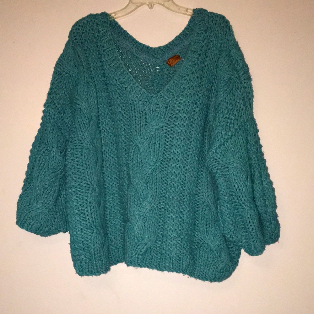 POL Soft Chunky Cable-knit Oversized V-neck Sweater Wide Bell Sleeves